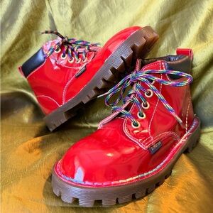 Dr. Martens Vintage Red Leather Boots With Rainbow Stitching